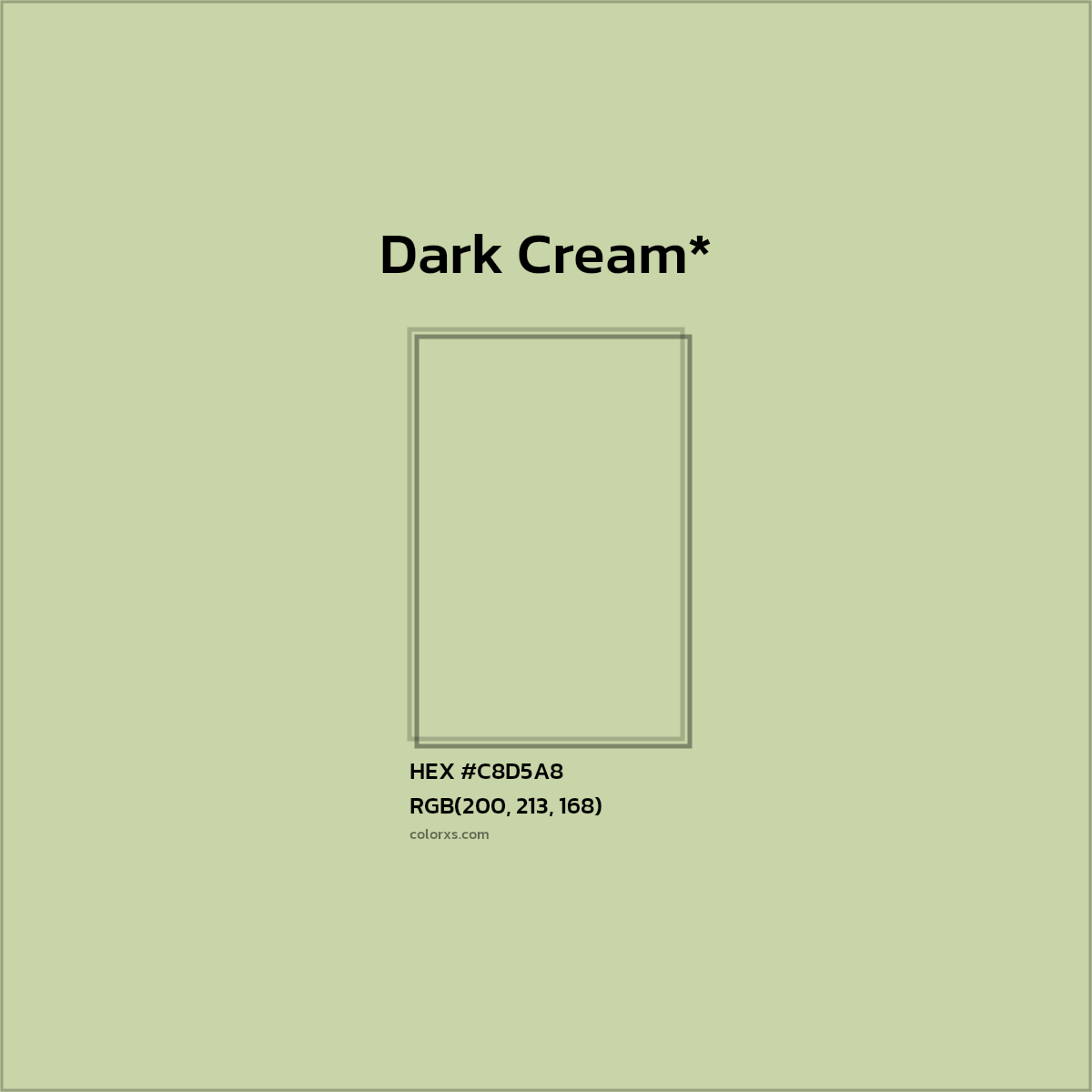 #C8D5A8 hex color. RGB, RYB, CMYK, HSL, HSV codes and color conversions. Matching color names, palettes, paints.