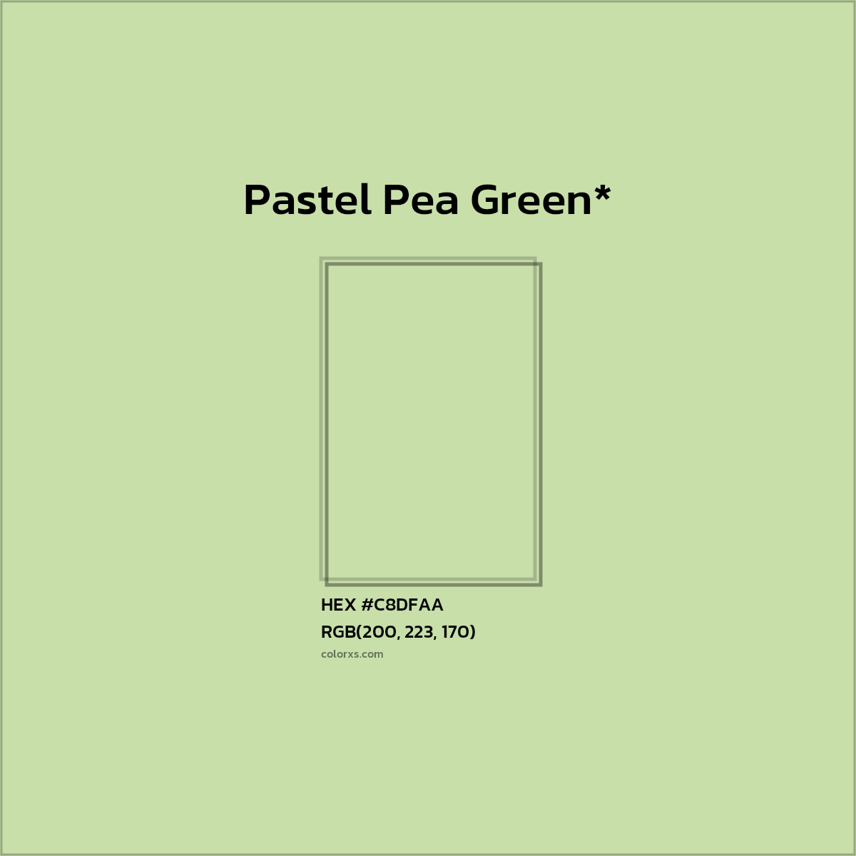 #C8DFAA hex color. RGB, RYB, CMYK, HSL, HSV codes and color conversions. Matching color names, palettes, paints.