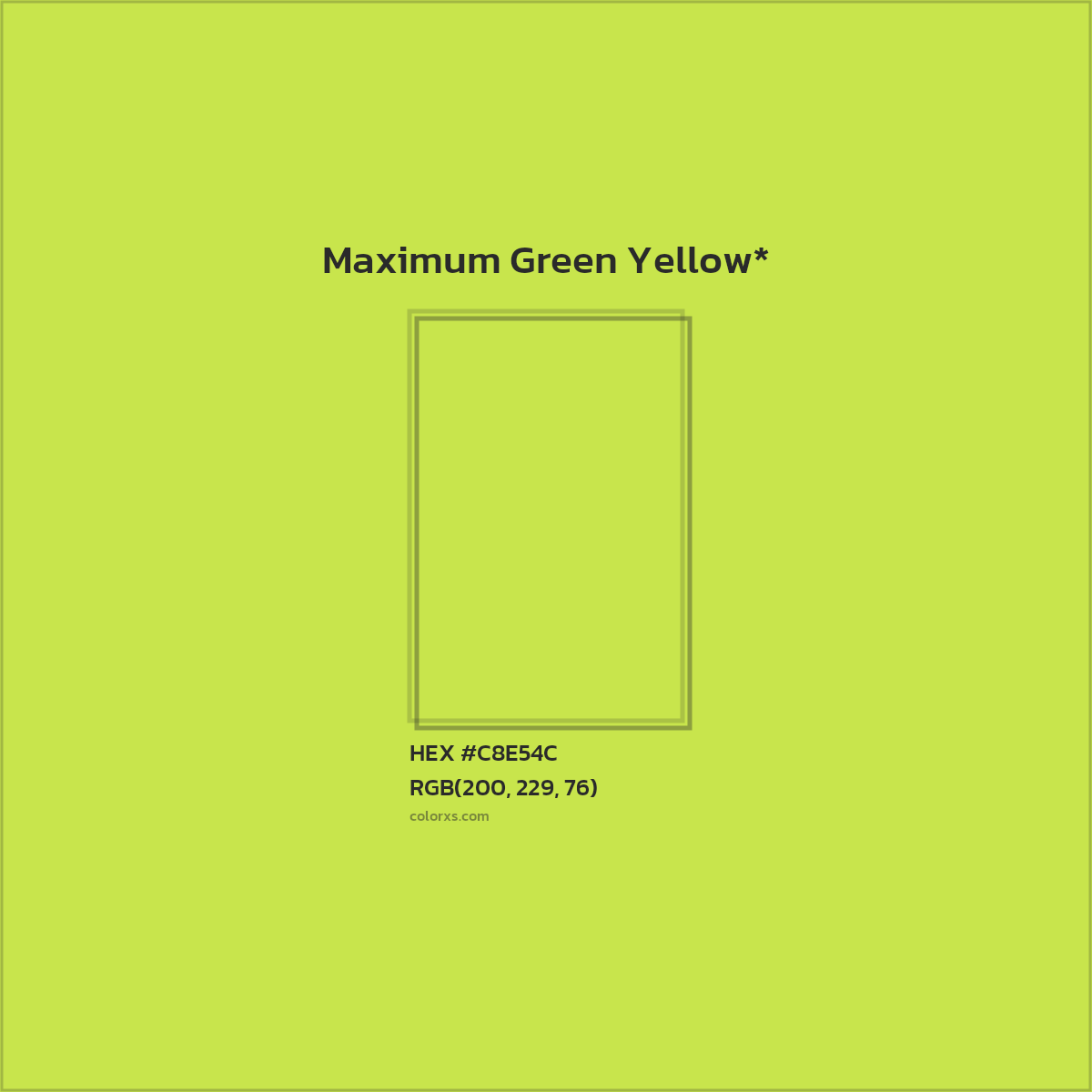 #C8E54C hex color. RGB, RYB, CMYK, HSL, HSV codes and color conversions. Matching color names, palettes, paints.