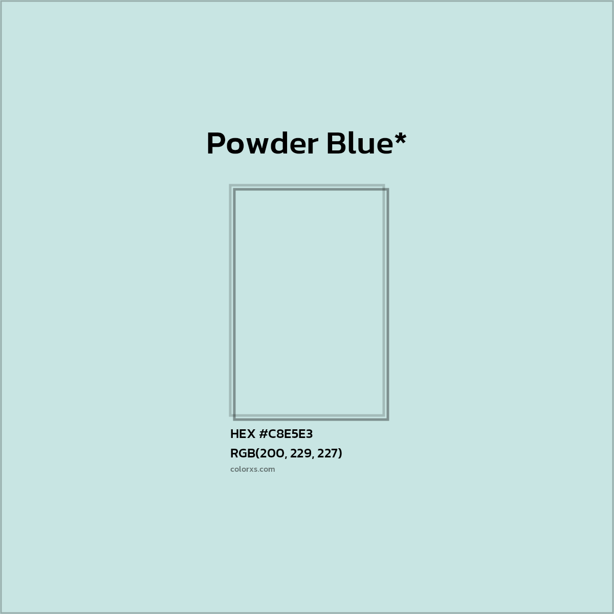 #C8E5E3 hex color. RGB, RYB, CMYK, HSL, HSV codes and color conversions. Matching color names, palettes, paints.
