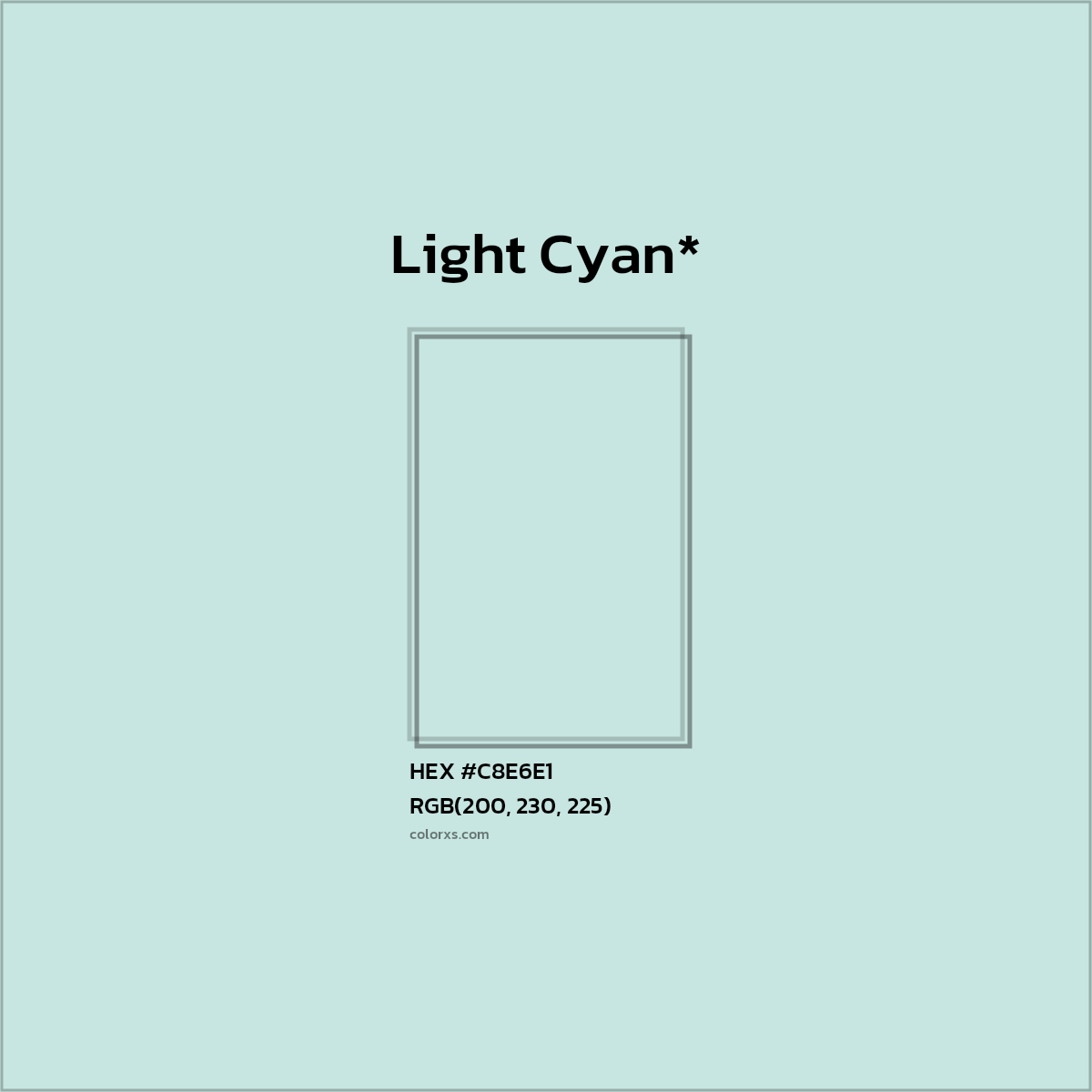#C8E6E1 hex color. RGB, RYB, CMYK, HSL, HSV codes and color conversions. Matching color names, palettes, paints.