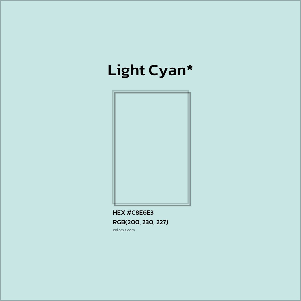 #C8E6E3 hex color. RGB, RYB, CMYK, HSL, HSV codes and color conversions. Matching color names, palettes, paints.