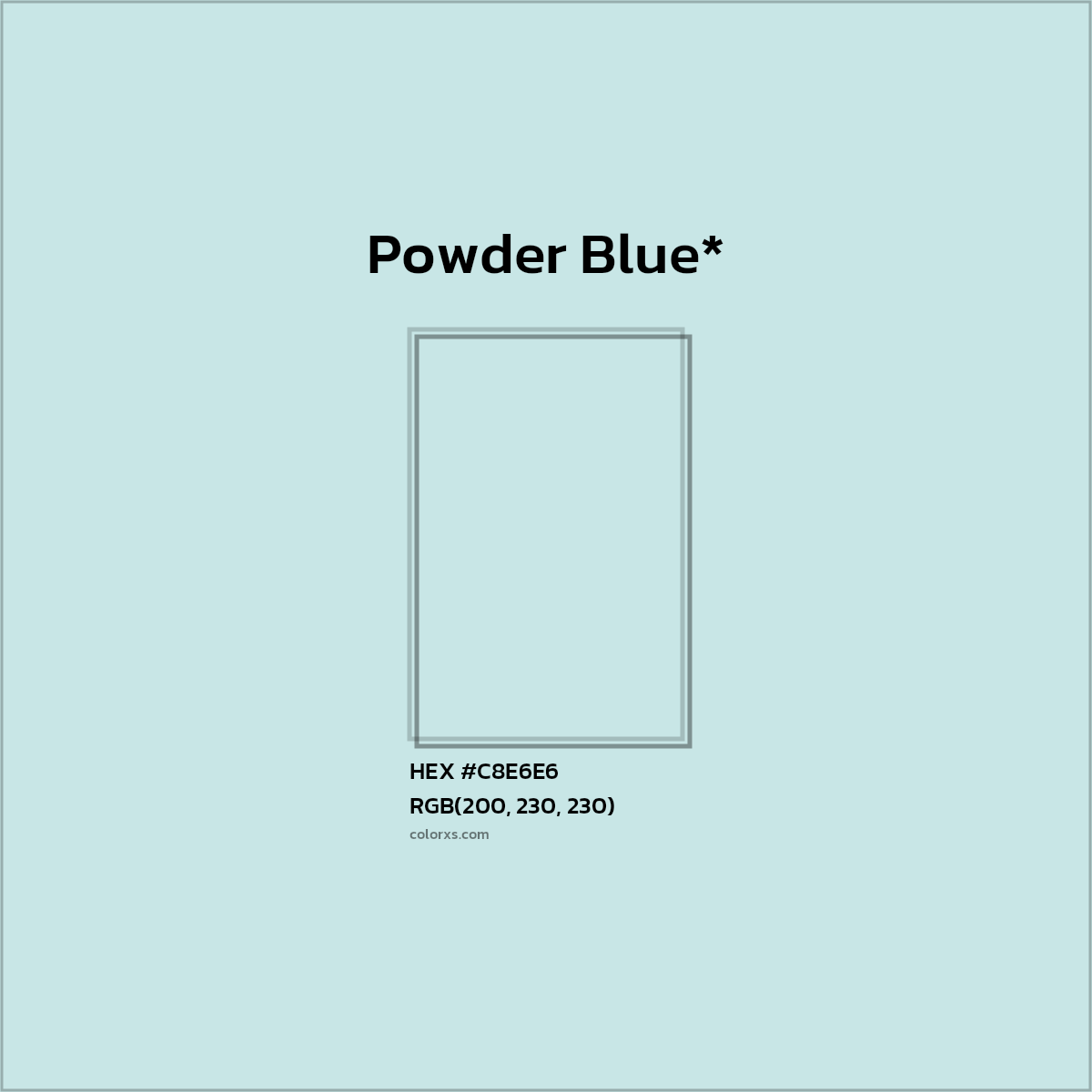 #C8E6E6 hex color. RGB, RYB, CMYK, HSL, HSV codes and color conversions. Matching color names, palettes, paints.