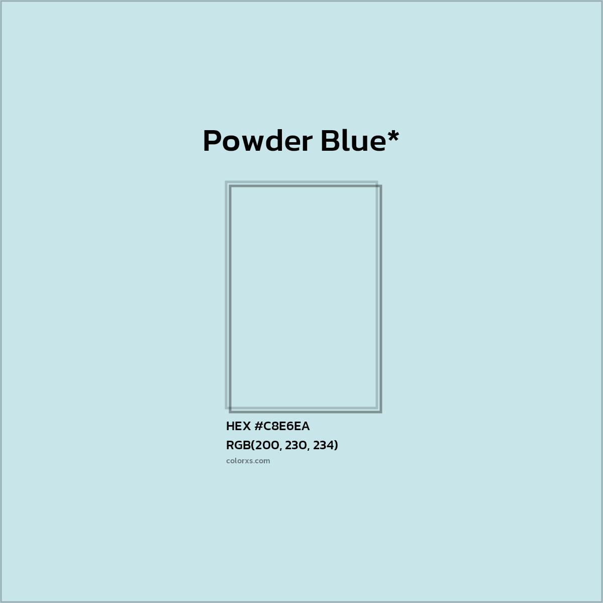 #C8E6EA hex color. RGB, RYB, CMYK, HSL, HSV codes and color conversions. Matching color names, palettes, paints.