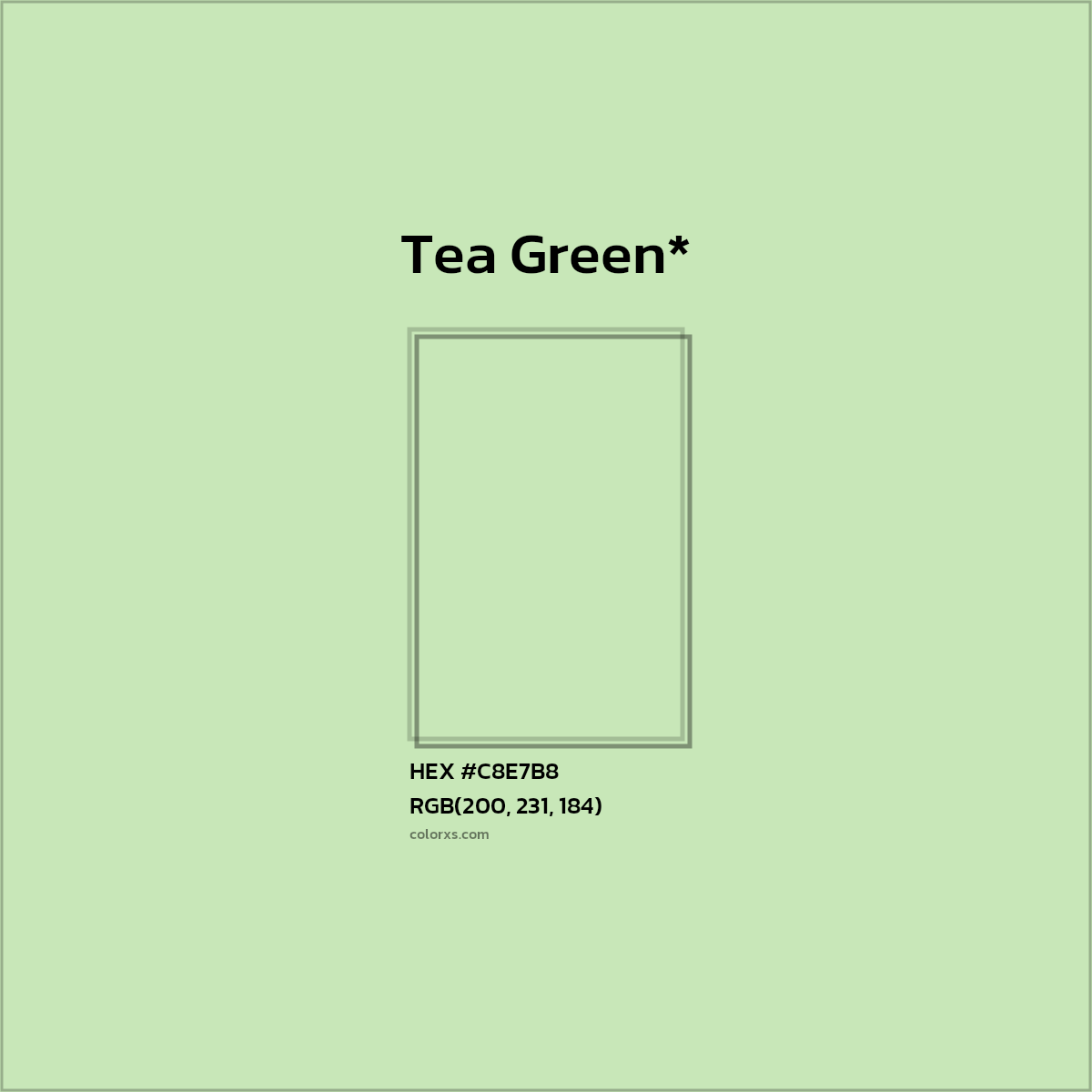 #C8E7B8 hex color. RGB, RYB, CMYK, HSL, HSV codes and color conversions. Matching color names, palettes, paints.