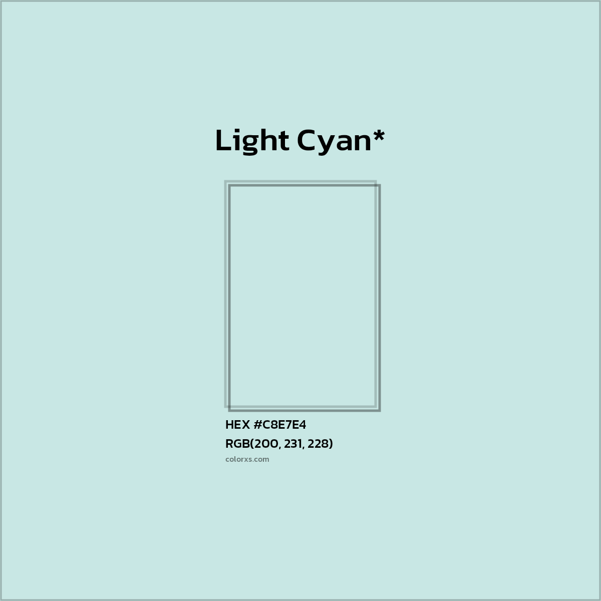#C8E7E4 hex color. RGB, RYB, CMYK, HSL, HSV codes and color conversions. Matching color names, palettes, paints.