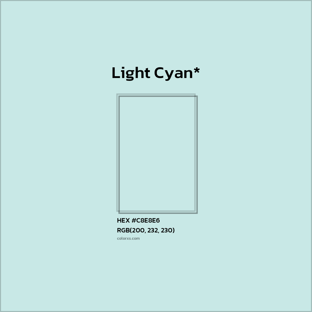 #C8E8E6 hex color. RGB, RYB, CMYK, HSL, HSV codes and color conversions. Matching color names, palettes, paints.