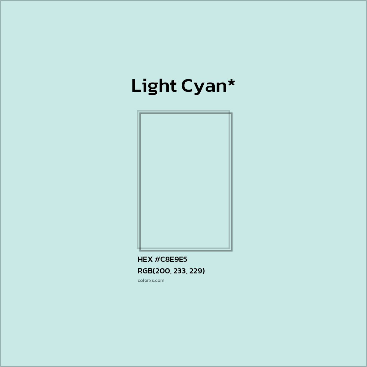 #C8E9E5 hex color. RGB, RYB, CMYK, HSL, HSV codes and color conversions. Matching color names, palettes, paints.
