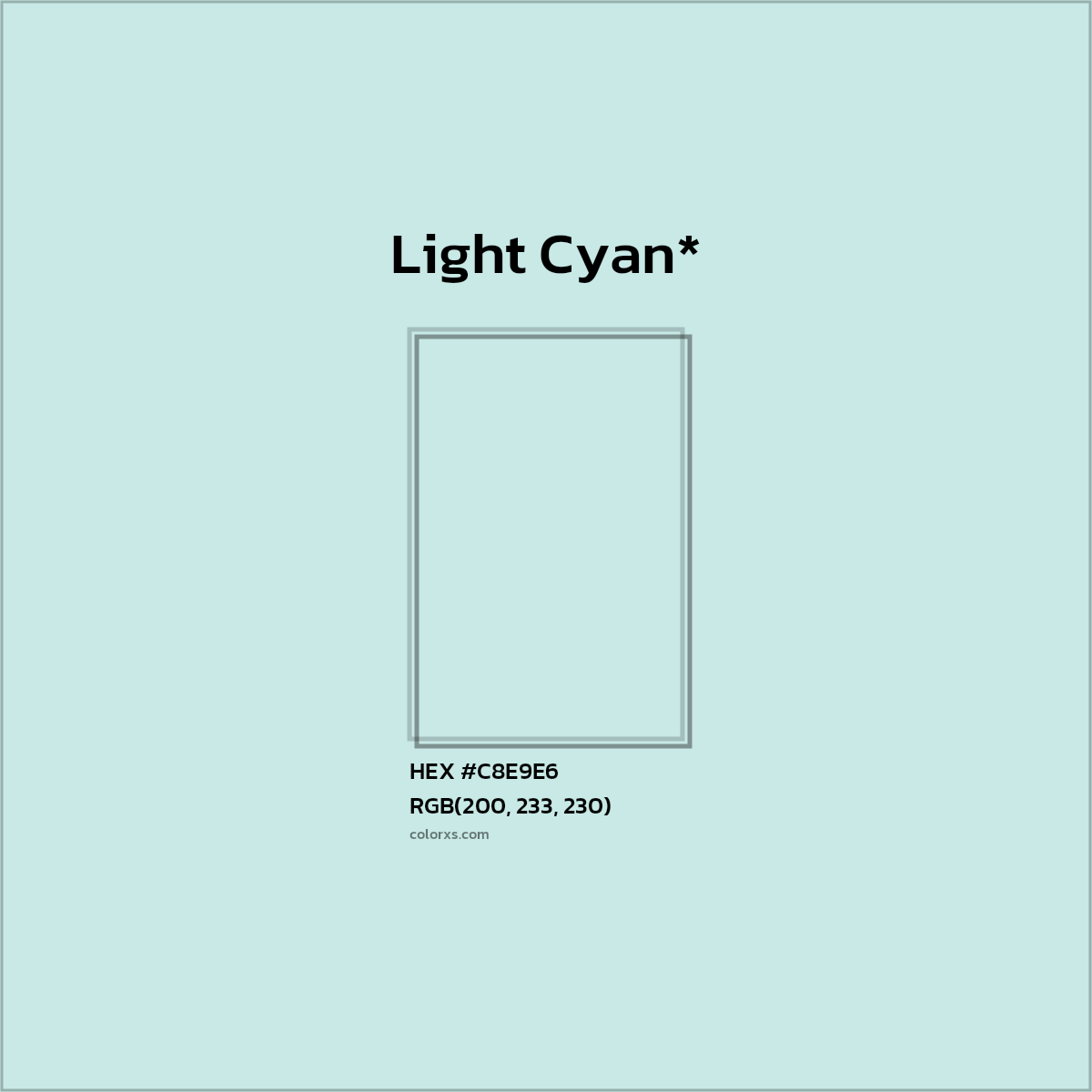 #C8E9E6 hex color. RGB, RYB, CMYK, HSL, HSV codes and color conversions. Matching color names, palettes, paints.