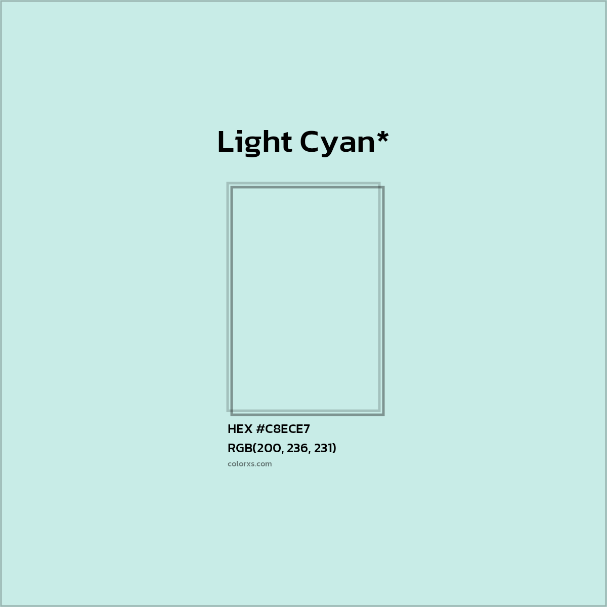 #C8ECE7 hex color. RGB, RYB, CMYK, HSL, HSV codes and color conversions. Matching color names, palettes, paints.