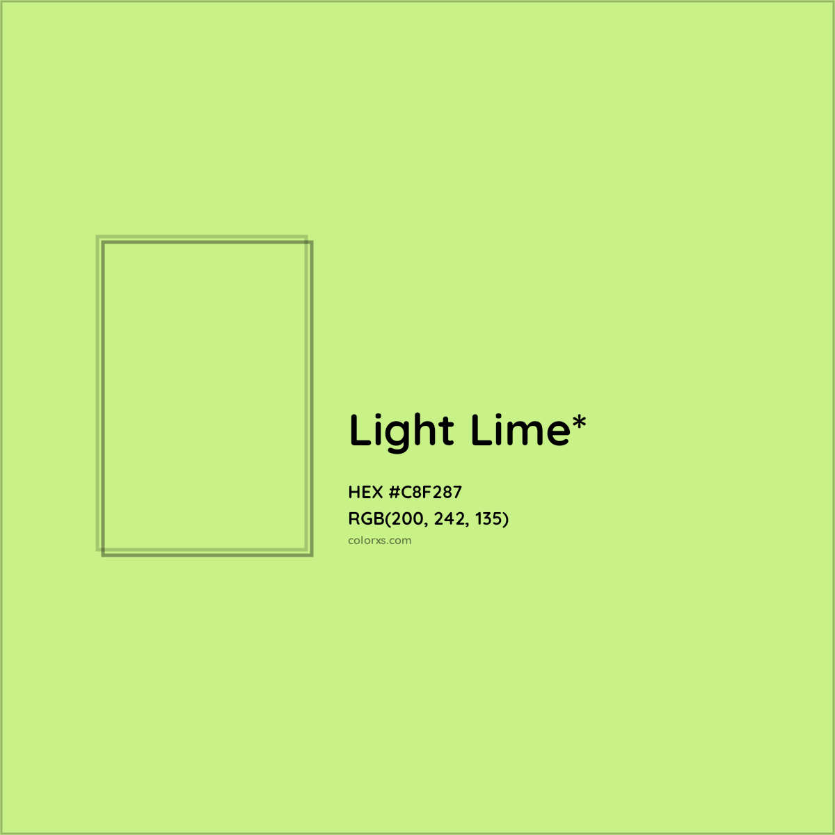 #C8F287 hex color. RGB, RYB, CMYK, HSL, HSV codes and color conversions. Matching color names, palettes, paints.
