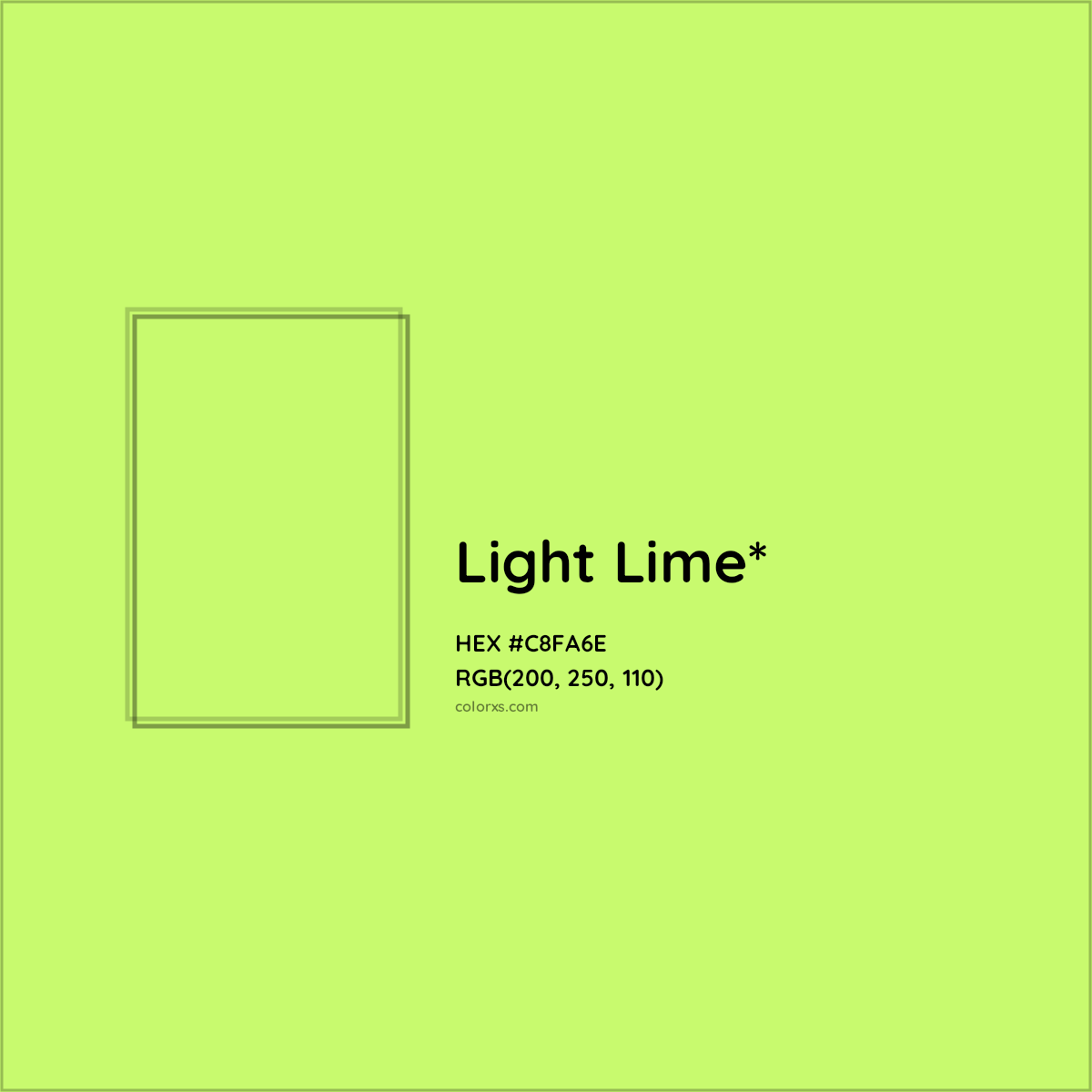 #C8FA6E hex color. RGB, RYB, CMYK, HSL, HSV codes and color conversions. Matching color names, palettes, paints.