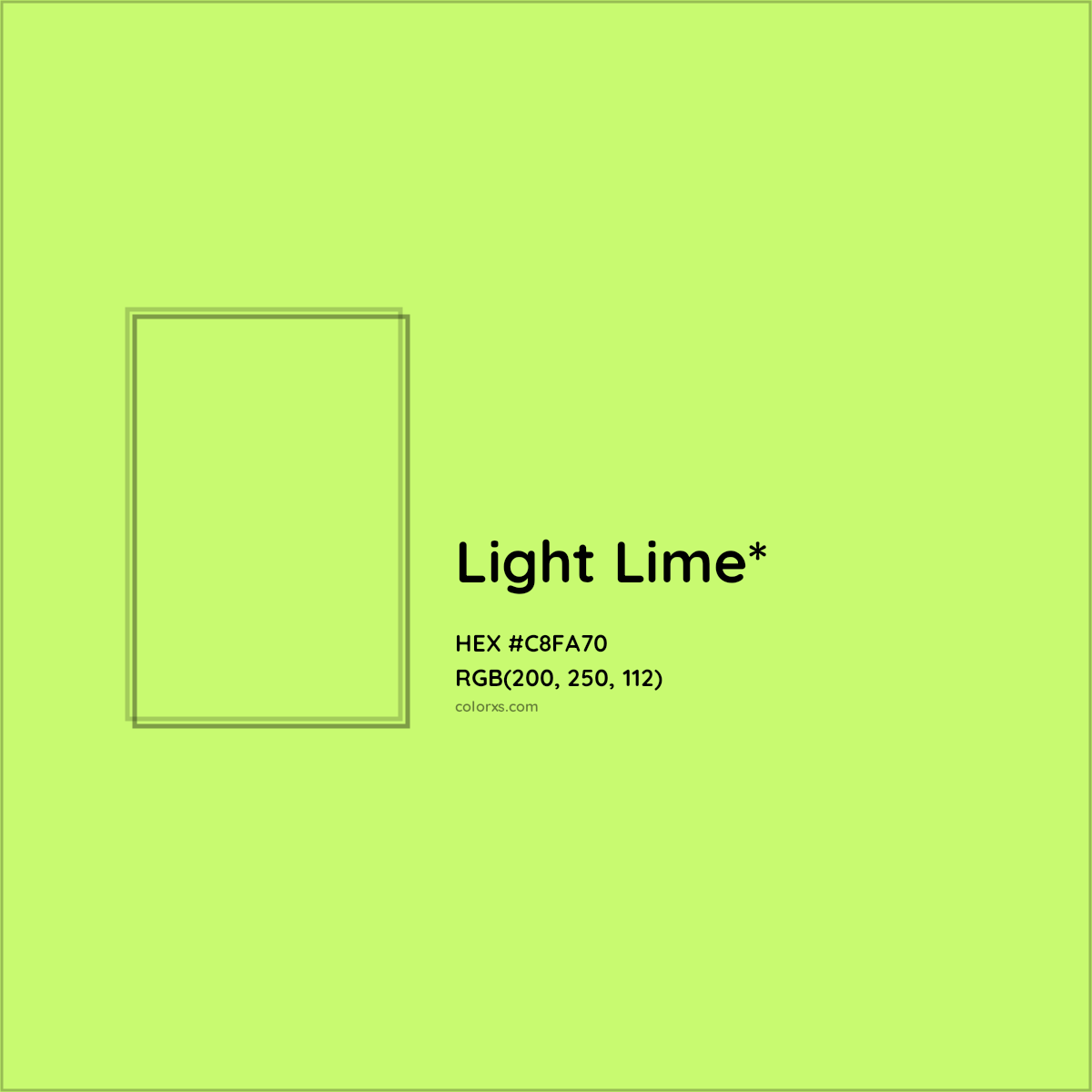 #C8FA70 hex color. RGB, RYB, CMYK, HSL, HSV codes and color conversions. Matching color names, palettes, paints.