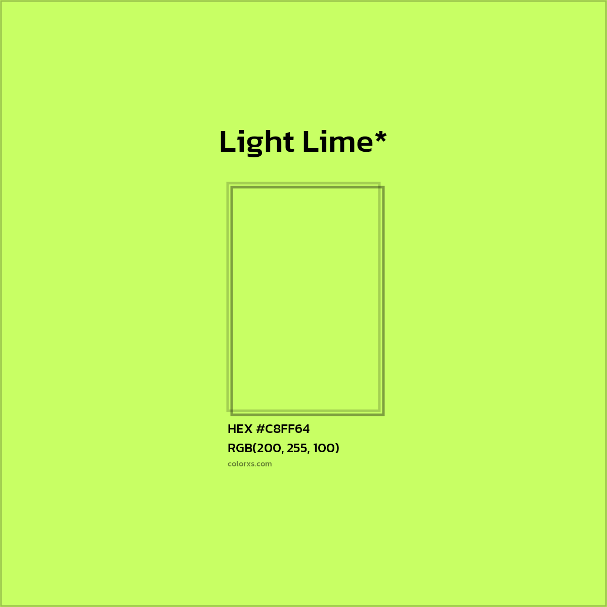 #C8FF64 hex color. RGB, RYB, CMYK, HSL, HSV codes and color conversions. Matching color names, palettes, paints.