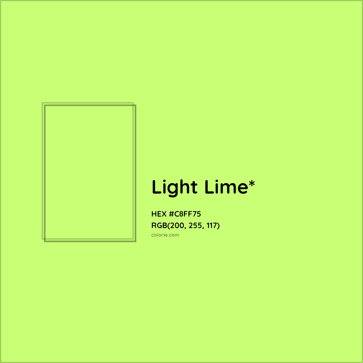 #C8FF75 hex color. RGB, RYB, CMYK, HSL, HSV codes and color conversions. Matching color names, palettes, paints.