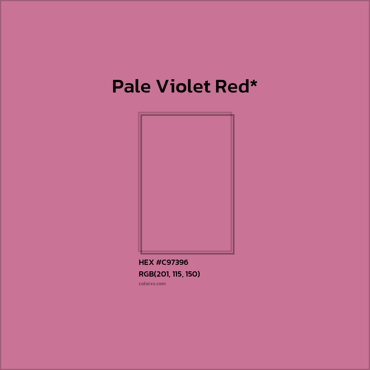 #C97396 hex color. RGB, RYB, CMYK, HSL, HSV codes and color conversions. Matching color names, palettes, paints.