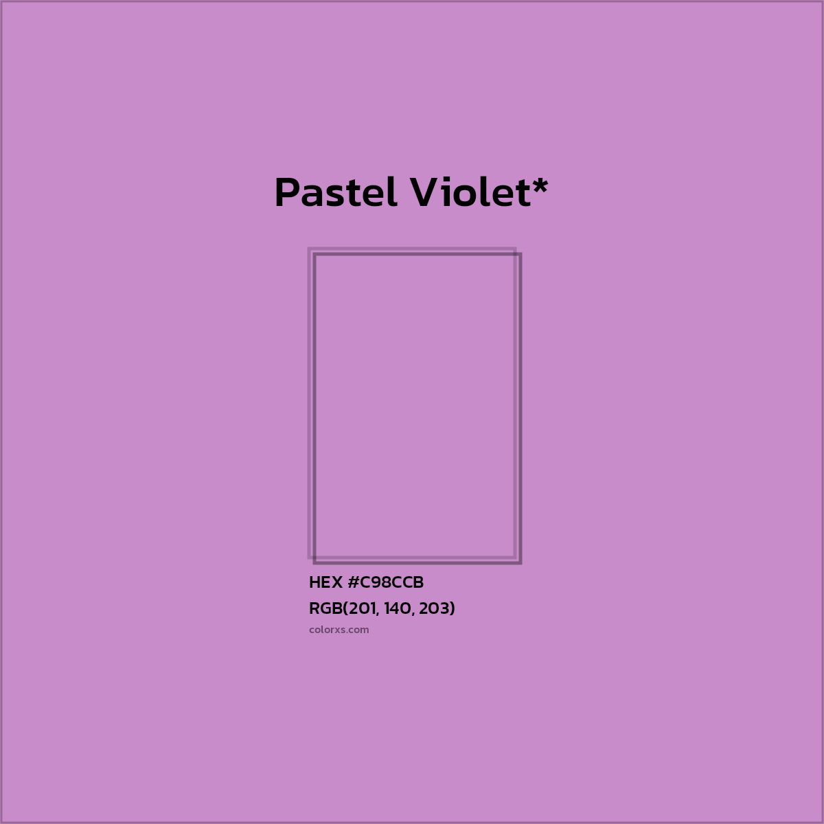 #C98CCB hex color. RGB, RYB, CMYK, HSL, HSV codes and color conversions. Matching color names, palettes, paints.