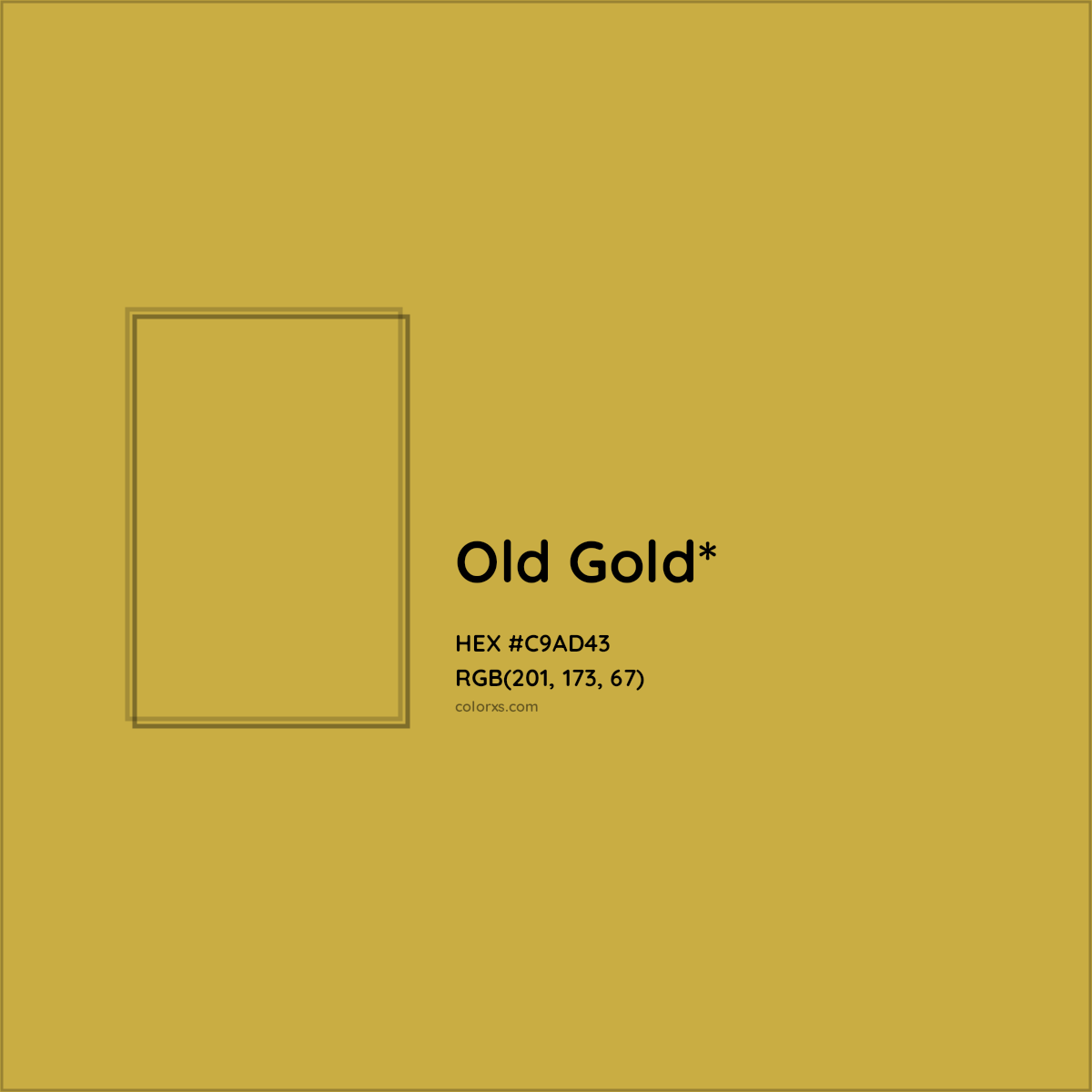 #C9AD43 hex color. RGB, RYB, CMYK, HSL, HSV codes and color conversions. Matching color names, palettes, paints.