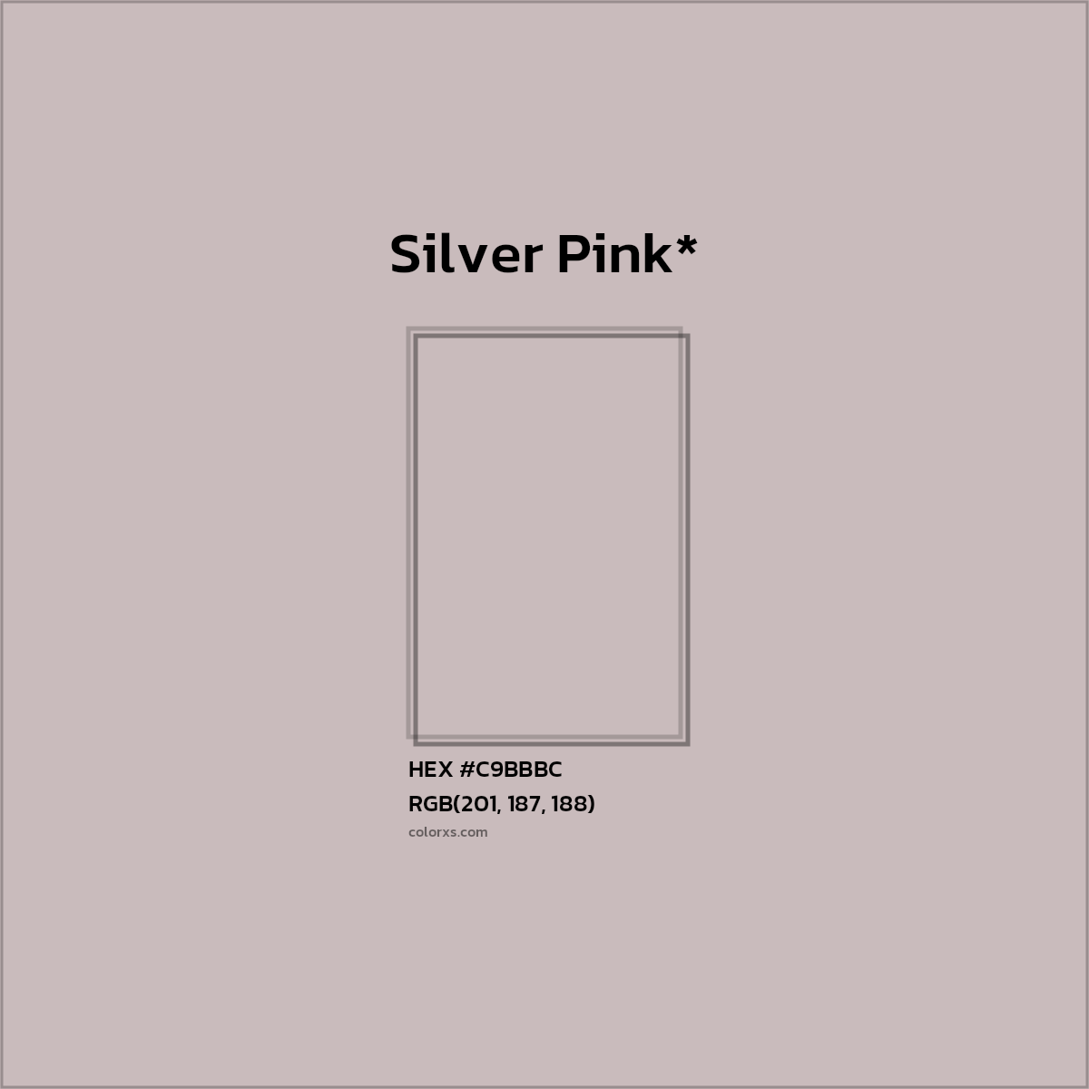 #C9BBBC hex color. RGB, RYB, CMYK, HSL, HSV codes and color conversions. Matching color names, palettes, paints.
