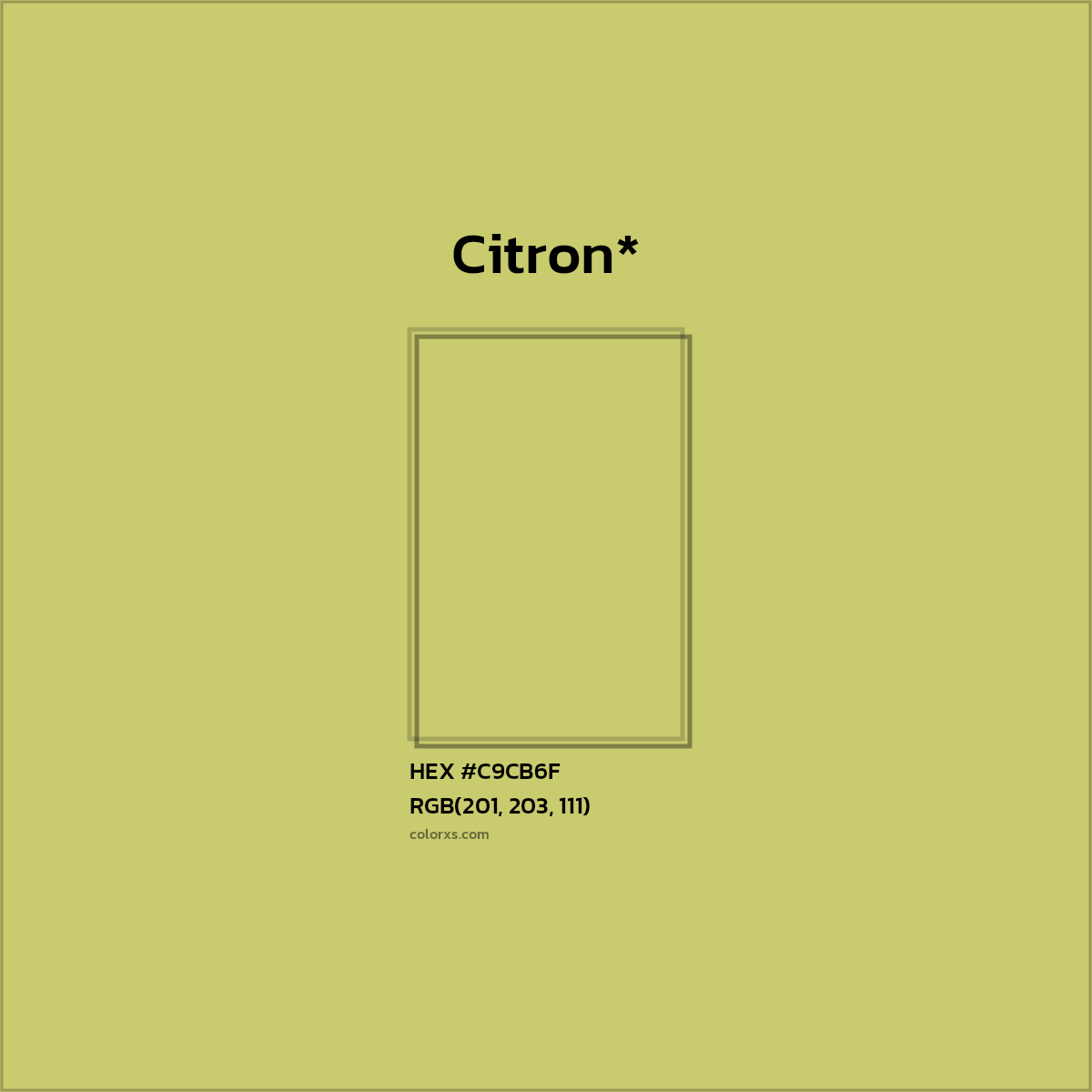 #C9CB6F hex color. RGB, RYB, CMYK, HSL, HSV codes and color conversions. Matching color names, palettes, paints.