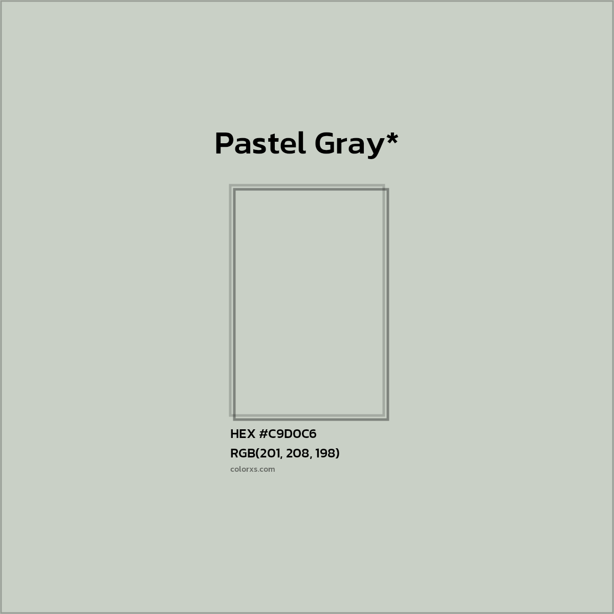 #C9D0C6 hex color. RGB, RYB, CMYK, HSL, HSV codes and color conversions. Matching color names, palettes, paints.