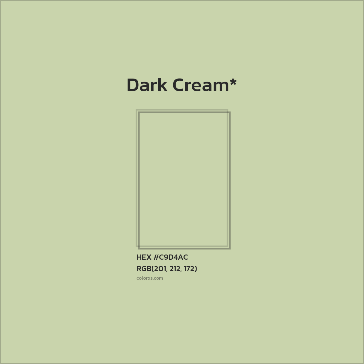 #C9D4AC hex color. RGB, RYB, CMYK, HSL, HSV codes and color conversions. Matching color names, palettes, paints.