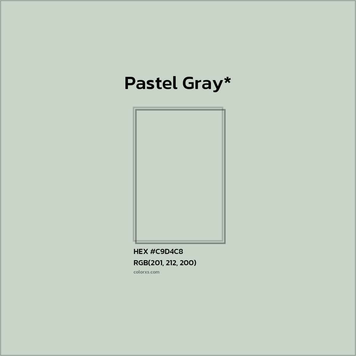 #C9D4C8 hex color. RGB, RYB, CMYK, HSL, HSV codes and color conversions. Matching color names, palettes, paints.