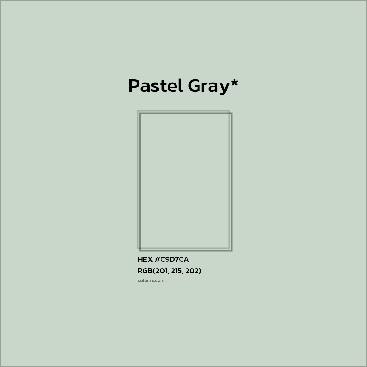 #C9D7CA hex color. RGB, RYB, CMYK, HSL, HSV codes and color conversions. Matching color names, palettes, paints.