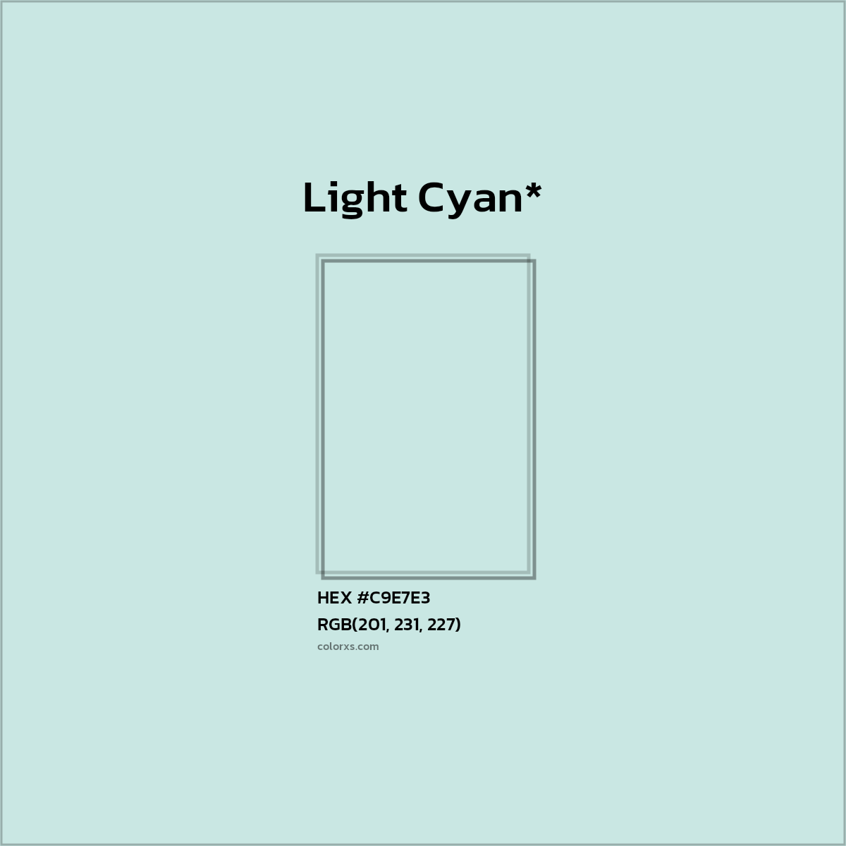 #C9E7E3 hex color. RGB, RYB, CMYK, HSL, HSV codes and color conversions. Matching color names, palettes, paints.