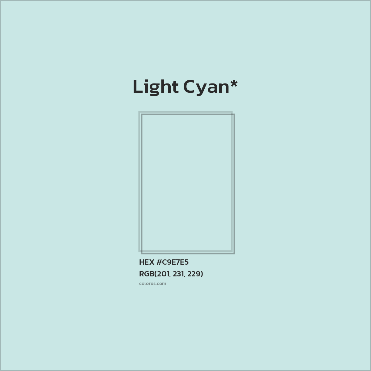 #C9E7E5 hex color. RGB, RYB, CMYK, HSL, HSV codes and color conversions. Matching color names, palettes, paints.