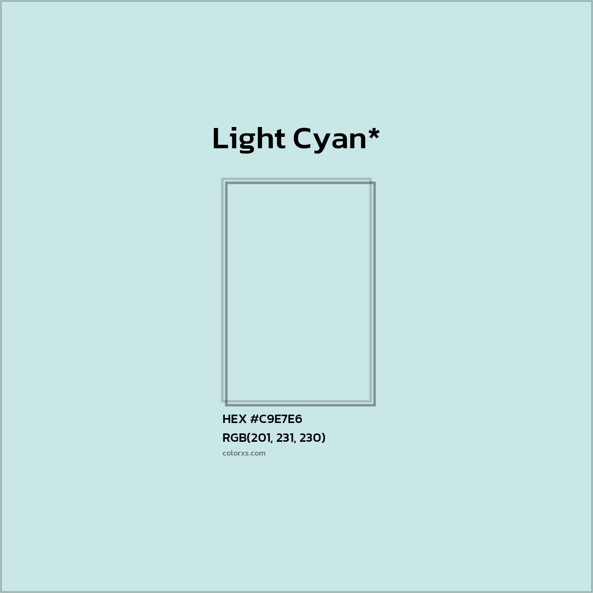 #C9E7E6 hex color. RGB, RYB, CMYK, HSL, HSV codes and color conversions. Matching color names, palettes, paints.