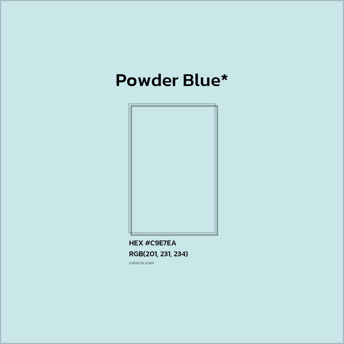 #C9E7EA hex color. RGB, RYB, CMYK, HSL, HSV codes and color conversions. Matching color names, palettes, paints.