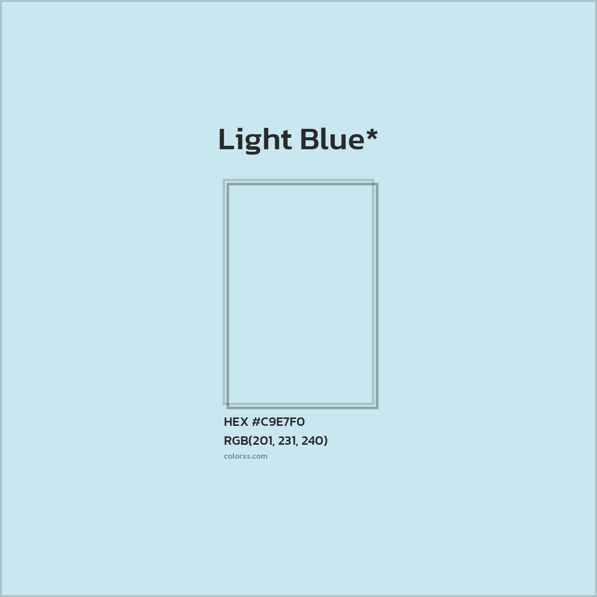 #C9E7F0 hex color. RGB, RYB, CMYK, HSL, HSV codes and color conversions. Matching color names, palettes, paints.