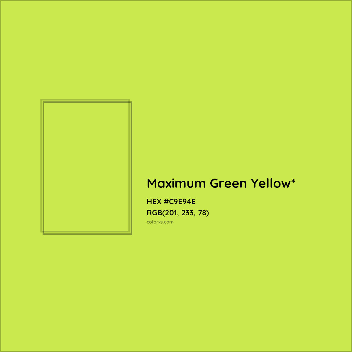#C9E94E hex color. RGB, RYB, CMYK, HSL, HSV codes and color conversions. Matching color names, palettes, paints.