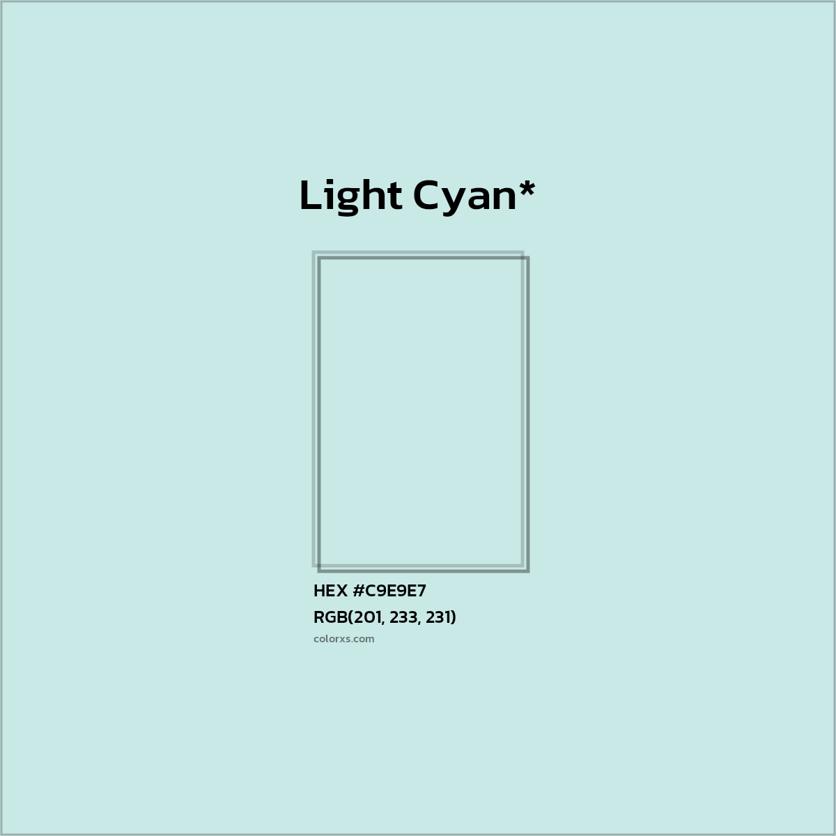 #C9E9E7 hex color. RGB, RYB, CMYK, HSL, HSV codes and color conversions. Matching color names, palettes, paints.