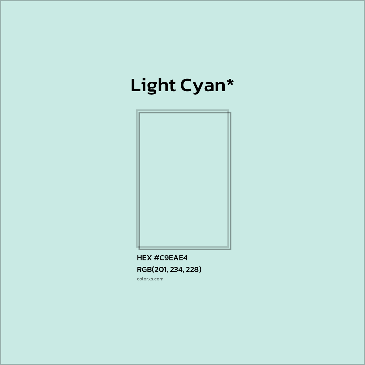 #C9EAE4 hex color. RGB, RYB, CMYK, HSL, HSV codes and color conversions. Matching color names, palettes, paints.