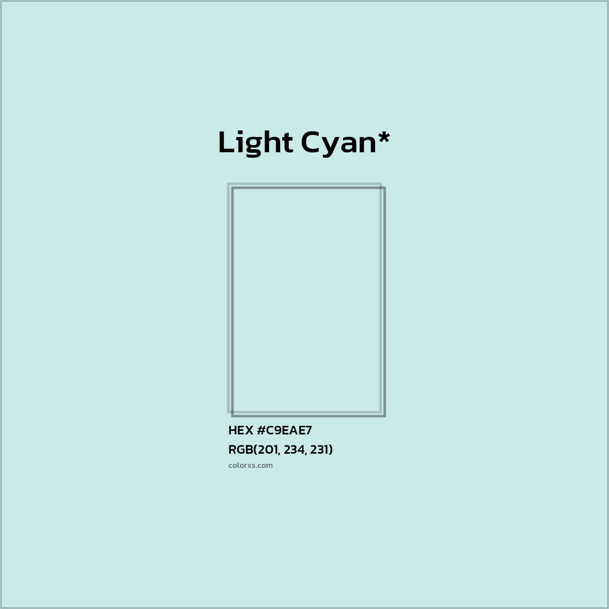 #C9EAE7 hex color. RGB, RYB, CMYK, HSL, HSV codes and color conversions. Matching color names, palettes, paints.