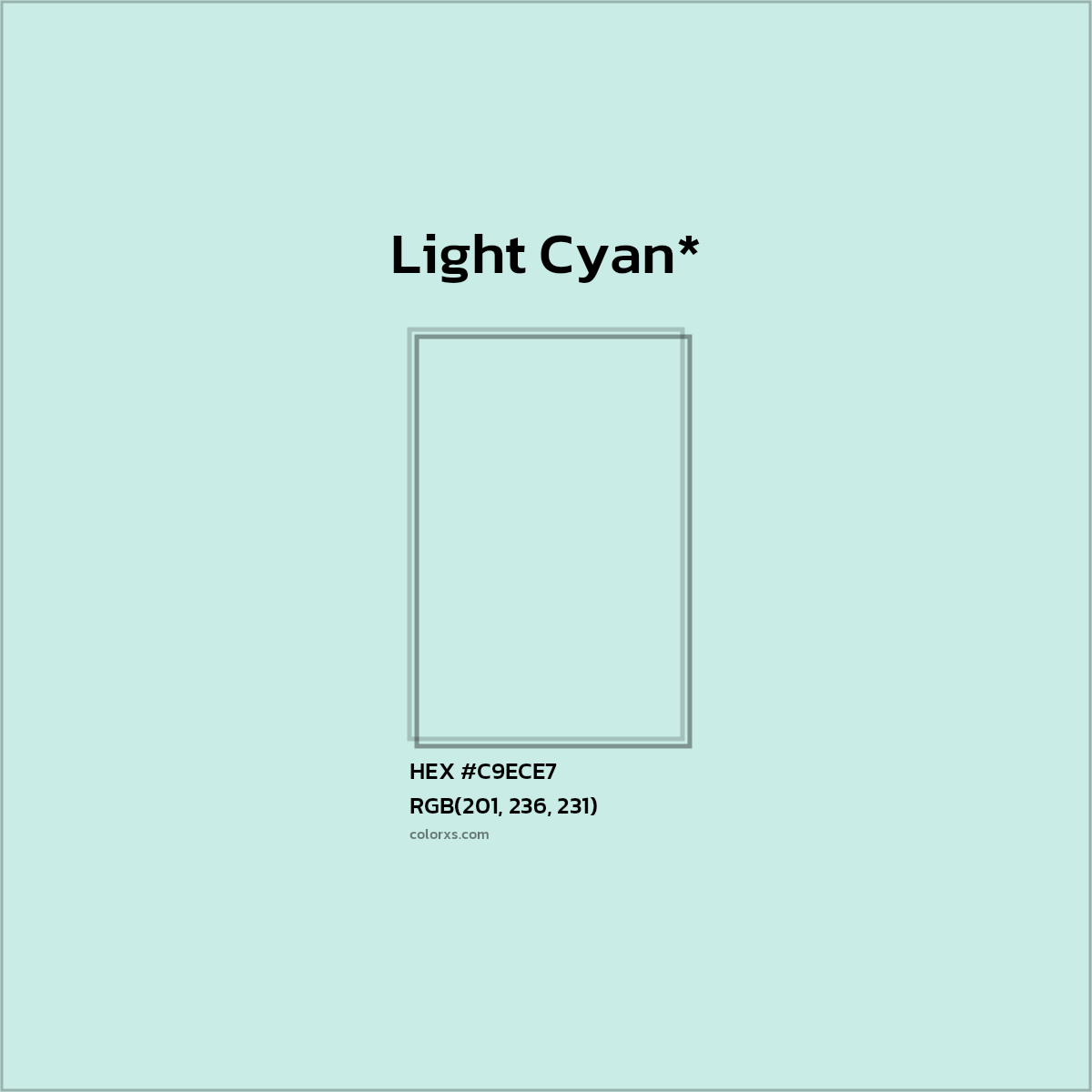 #C9ECE7 hex color. RGB, RYB, CMYK, HSL, HSV codes and color conversions. Matching color names, palettes, paints.