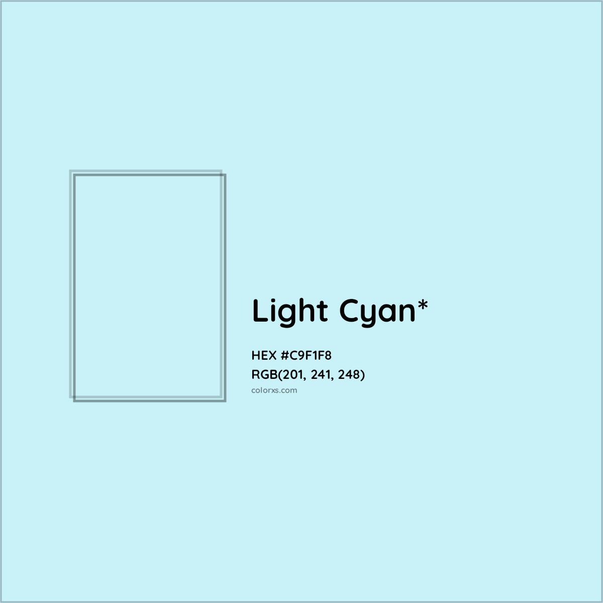#C9F1F8 hex color. RGB, RYB, CMYK, HSL, HSV codes and color conversions. Matching color names, palettes, paints.
