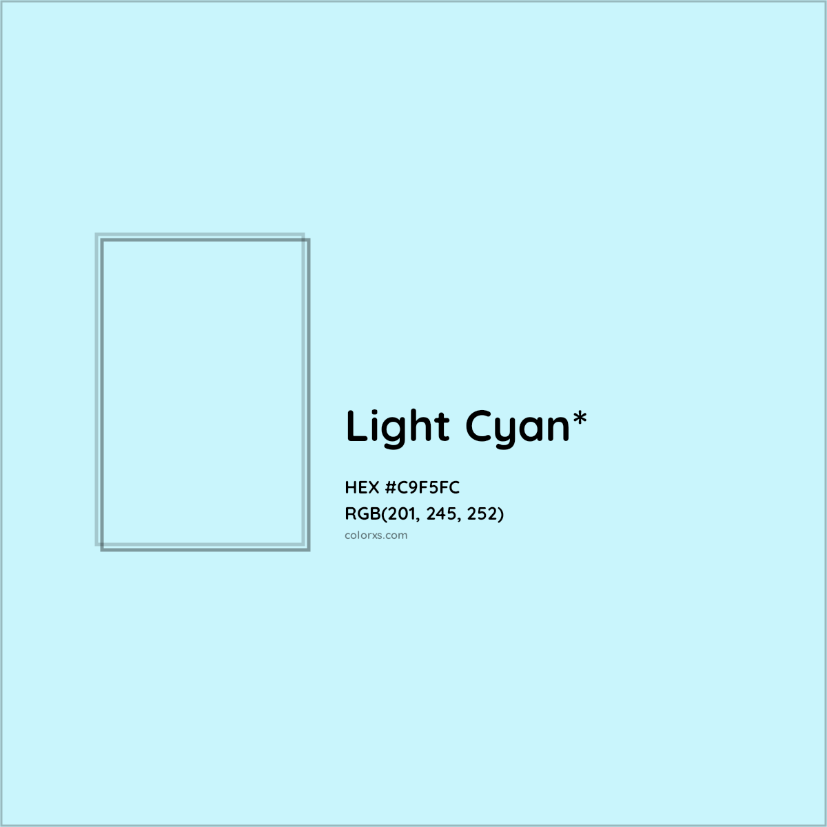 #C9F5FC hex color. RGB, RYB, CMYK, HSL, HSV codes and color conversions. Matching color names, palettes, paints.