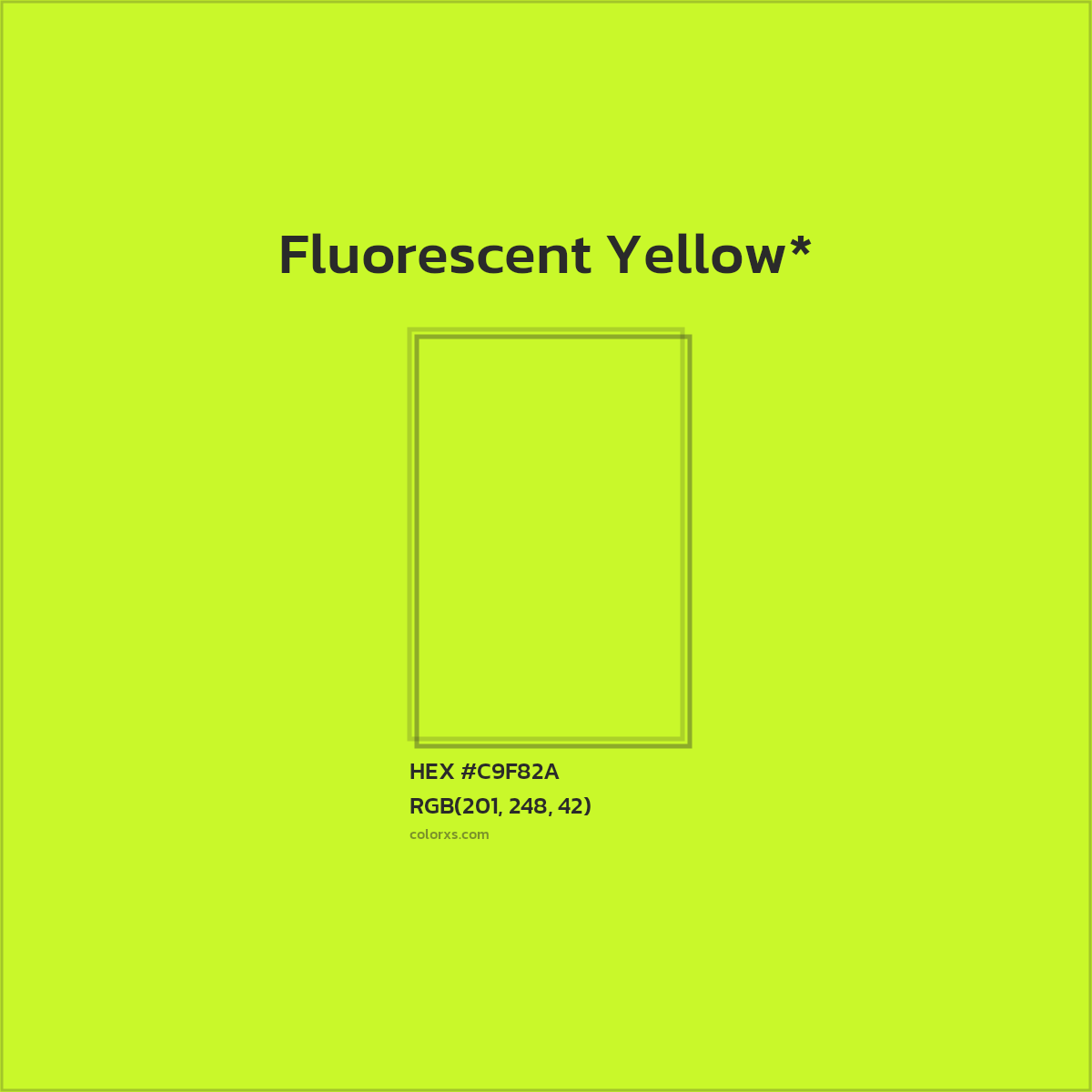 #C9F82A hex color. RGB, RYB, CMYK, HSL, HSV codes and color conversions. Matching color names, palettes, paints.