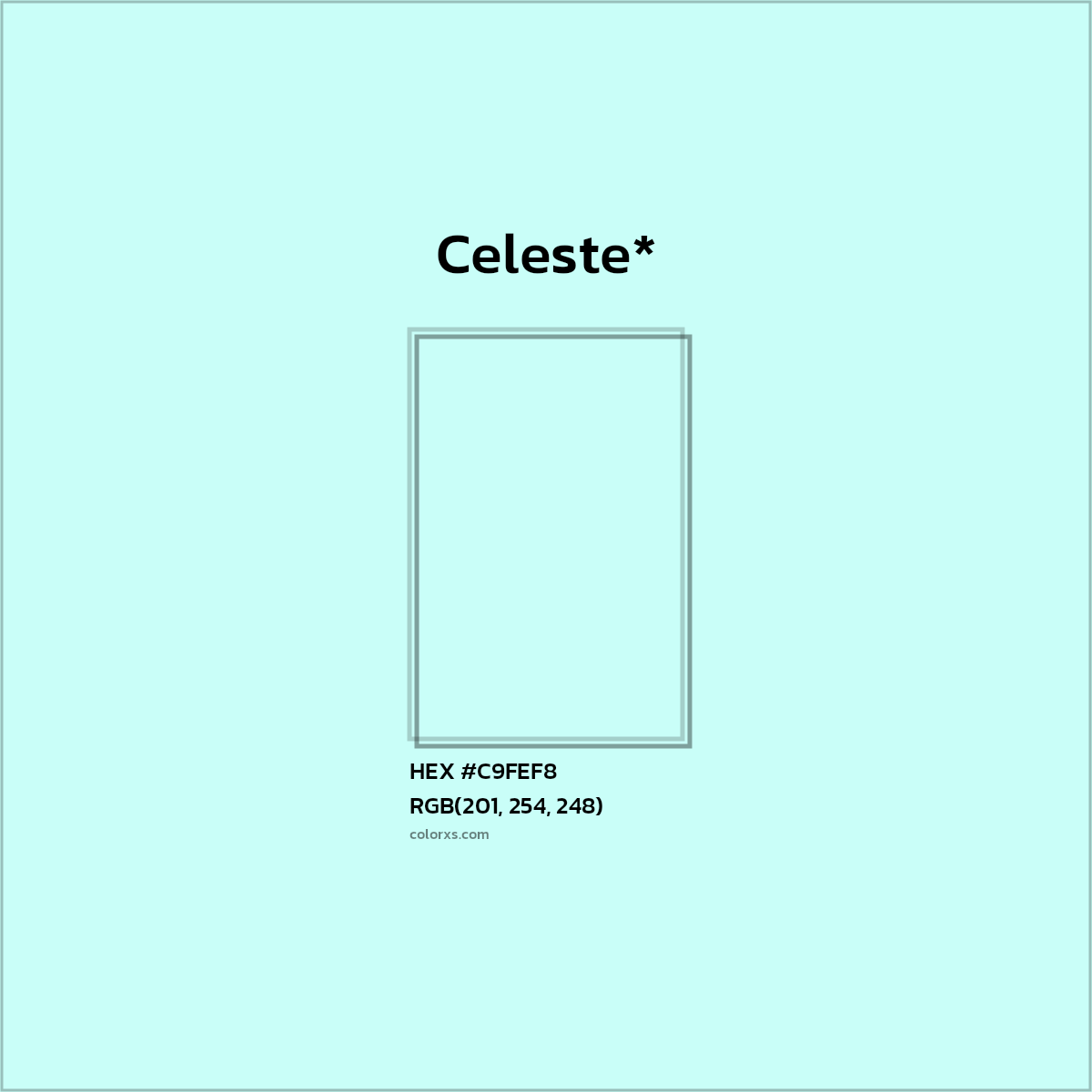 #C9FEF8 hex color. RGB, RYB, CMYK, HSL, HSV codes and color conversions. Matching color names, palettes, paints.