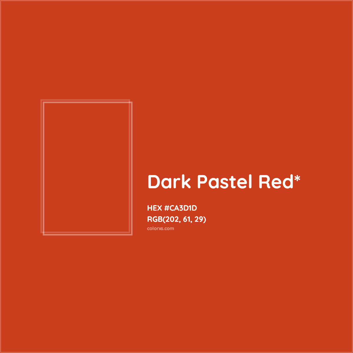 #CA3D1D hex color. RGB, RYB, CMYK, HSL, HSV codes and color conversions. Matching color names, palettes, paints.