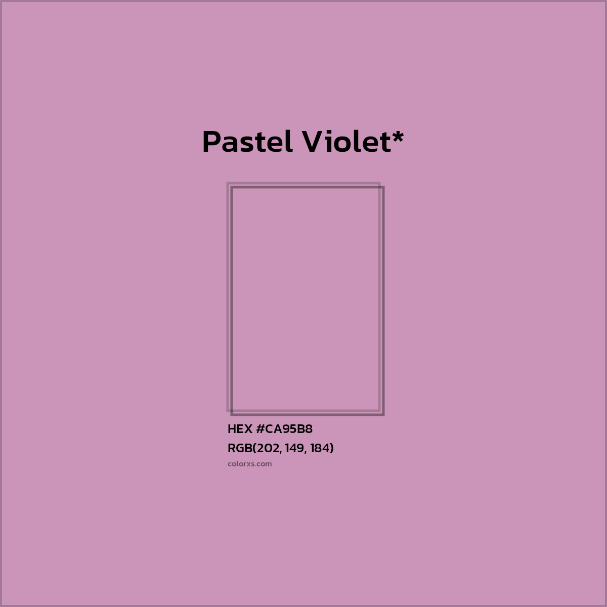 #CA95B8 hex color. RGB, RYB, CMYK, HSL, HSV codes and color conversions. Matching color names, palettes, paints.