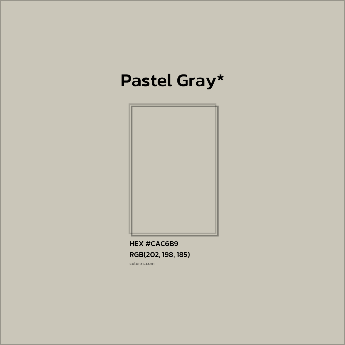 #CAC6B9 hex color. RGB, RYB, CMYK, HSL, HSV codes and color conversions. Matching color names, palettes, paints.
