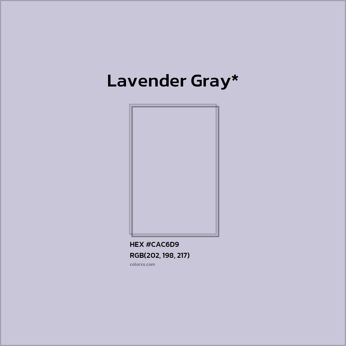 #CAC6D9 hex color. RGB, RYB, CMYK, HSL, HSV codes and color conversions. Matching color names, palettes, paints.