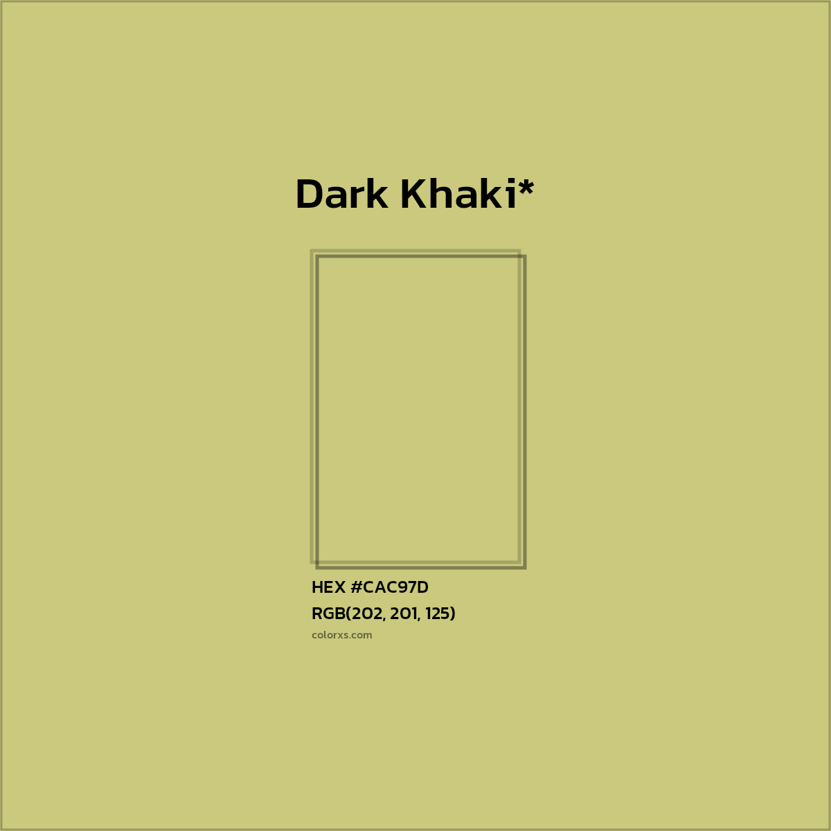 #CAC97D hex color. RGB, RYB, CMYK, HSL, HSV codes and color conversions. Matching color names, palettes, paints.