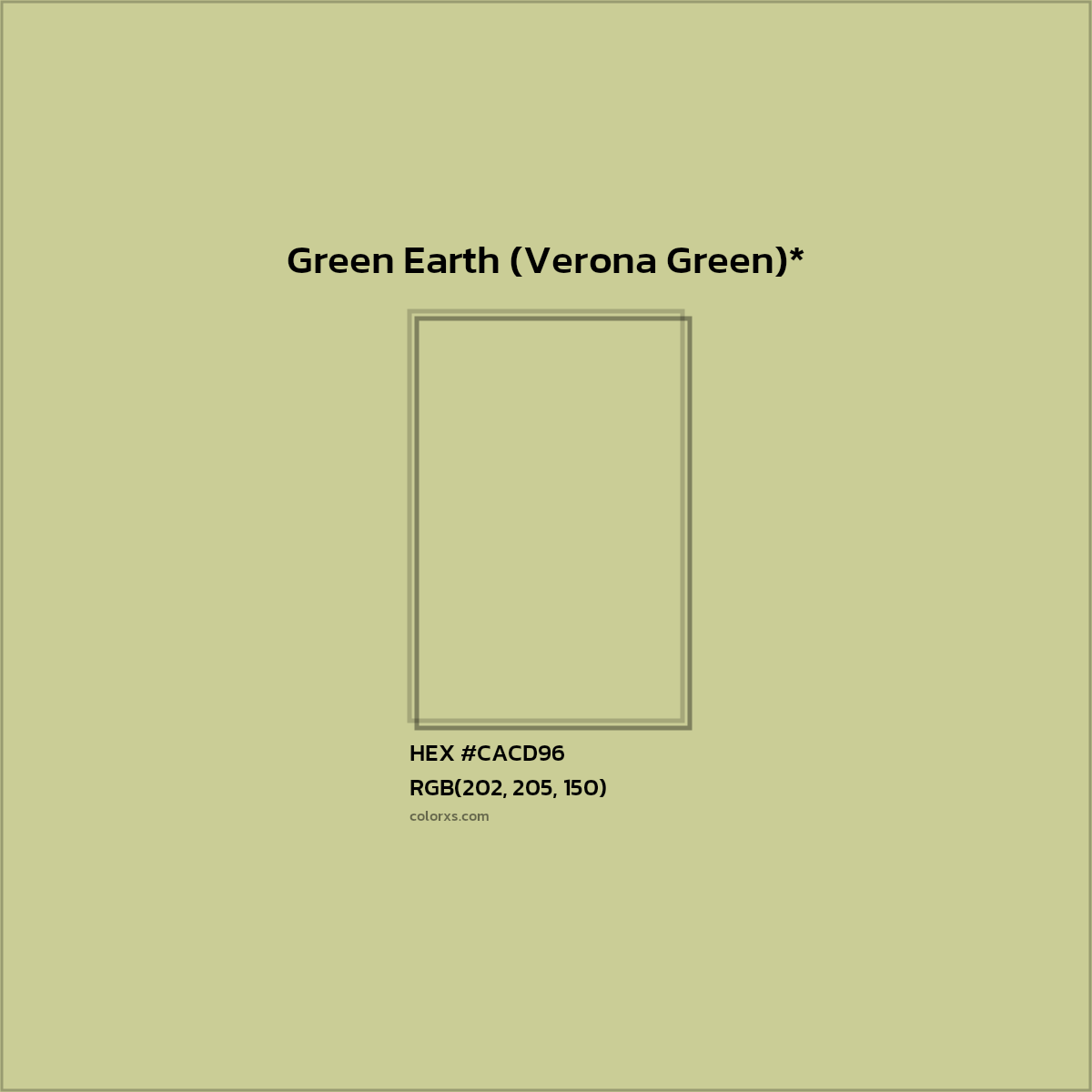 #CACD96 hex color. RGB, RYB, CMYK, HSL, HSV codes and color conversions. Matching color names, palettes, paints.