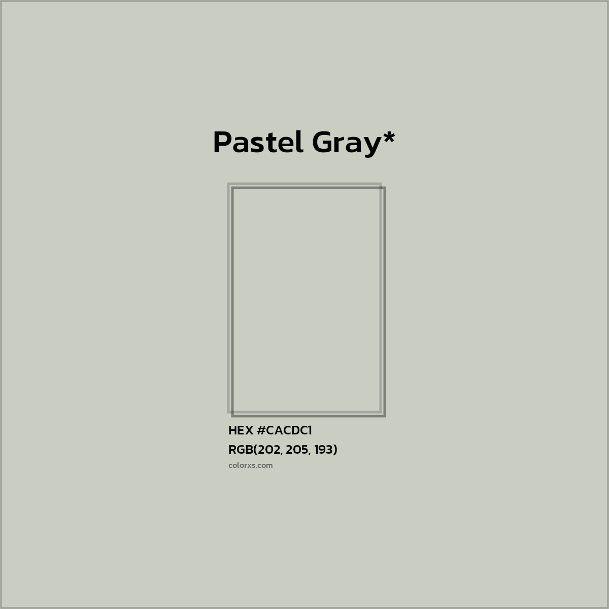 #CACDC1 hex color. RGB, RYB, CMYK, HSL, HSV codes and color conversions. Matching color names, palettes, paints.