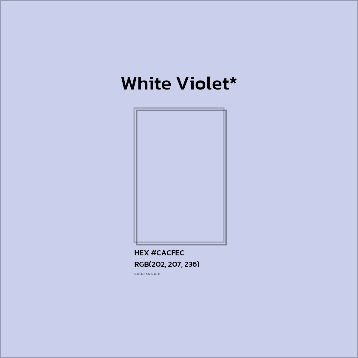 #CACFEC hex color. RGB, RYB, CMYK, HSL, HSV codes and color conversions. Matching color names, palettes, paints.